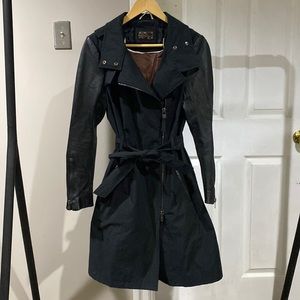 MACKAGE trench coat with leather sleeves and gun metal zipper details